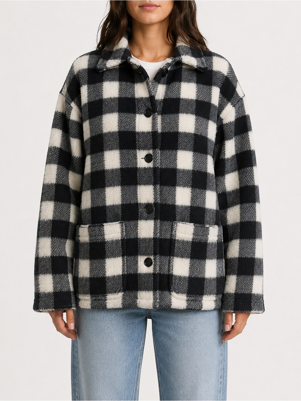Lee XL Black & White Check Teddy Button-Front Chore Jacket Oversized
